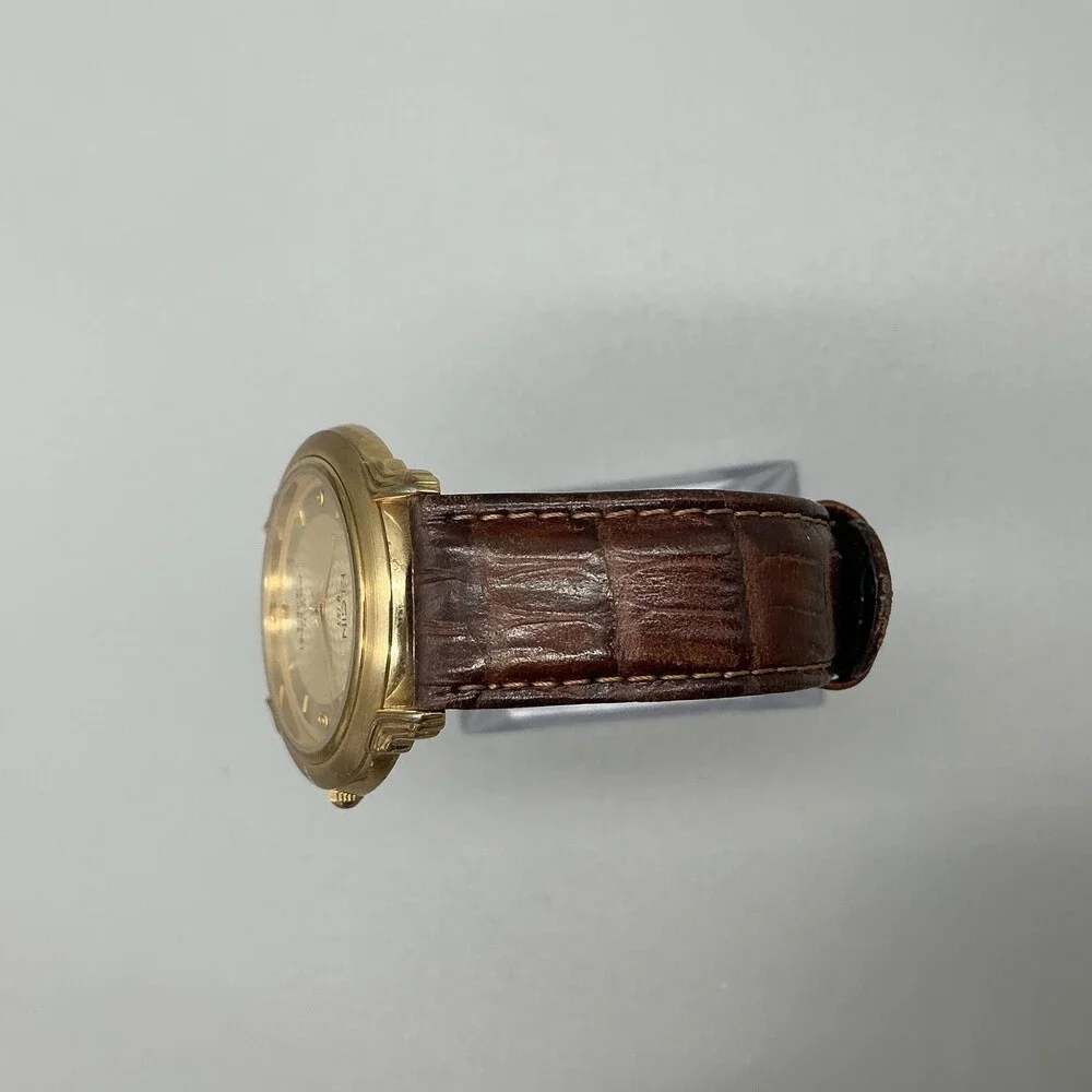 Elgin Swiss Mens Watch 36mm Gold Tone Brown Leather FLS30-040 New Battery